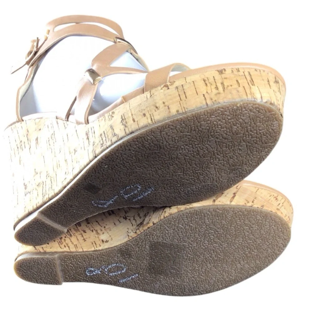 Pink Key Tan Strappy Cork Wedge Sandals size 7